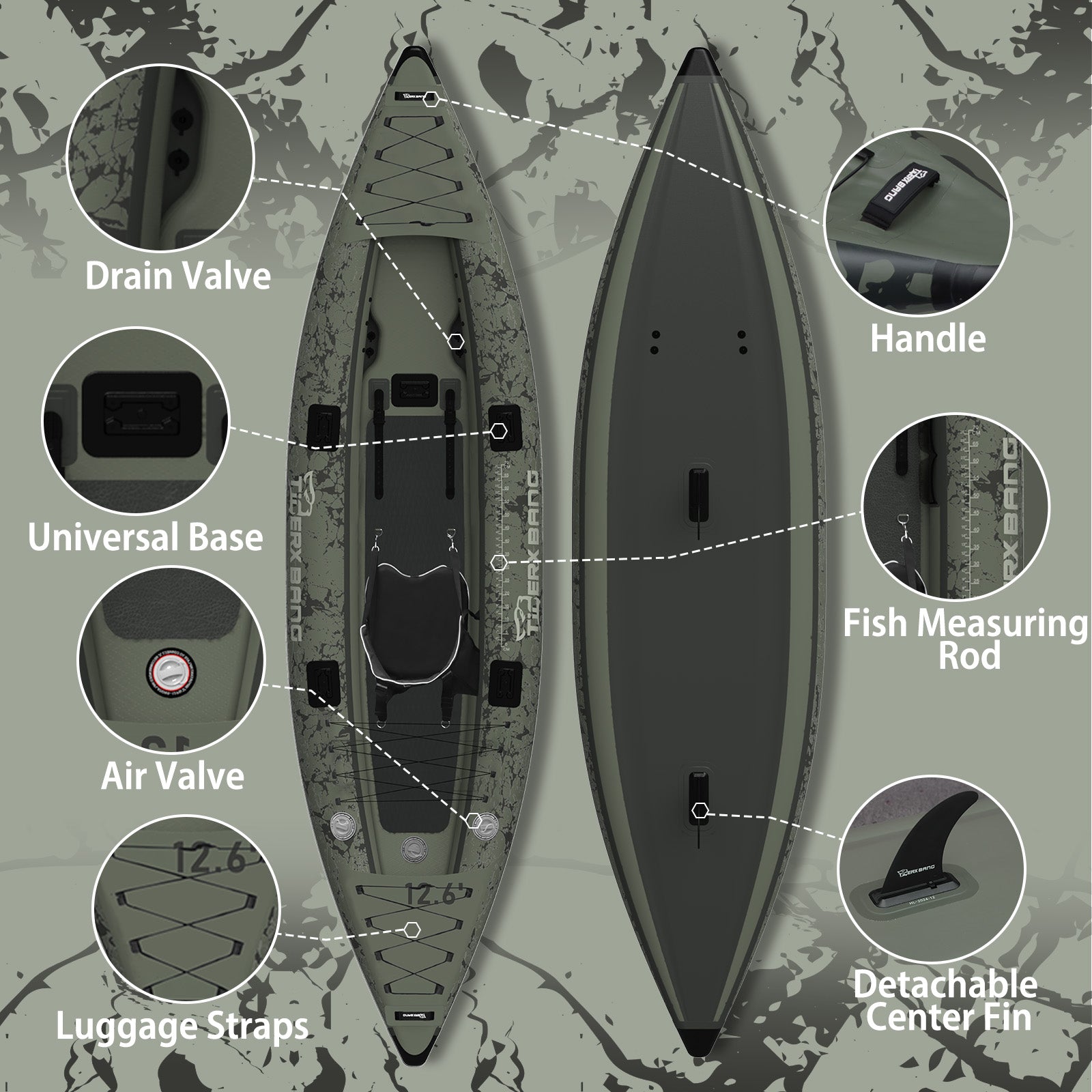 TIGERXBANG 12.6'x40"x10.6" Inflatable Kayak