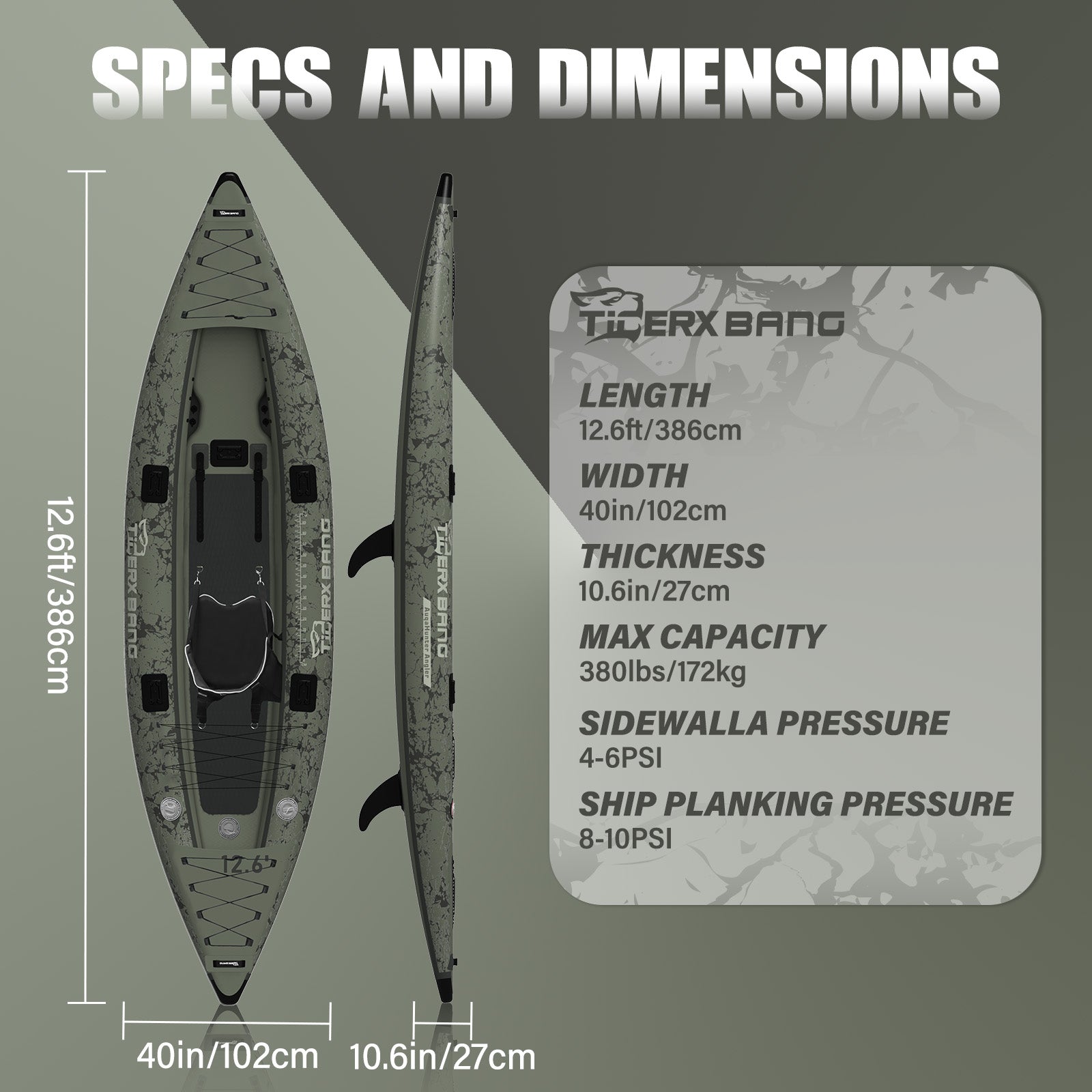 TIGERXBANG 12.6'x40"x10.6" Inflatable Kayak