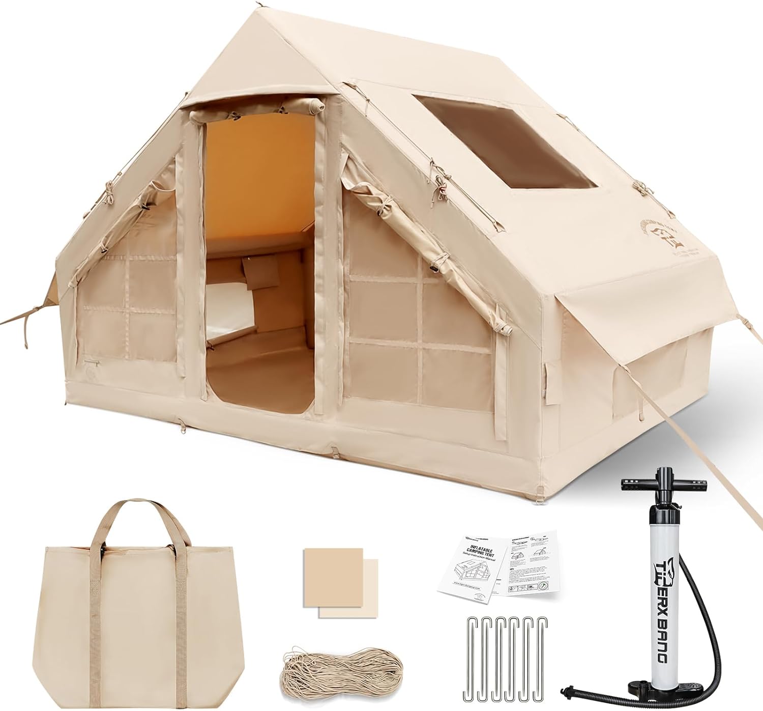 This image depicts a tent and its accessories. The tent is white and brown in color, and it appears to be very portable in size. Inside there is a backpack, with handbags and suitcases and other accessories surrounding it. The overall scene suggests that this person seems to be preparing for camping or traveling.