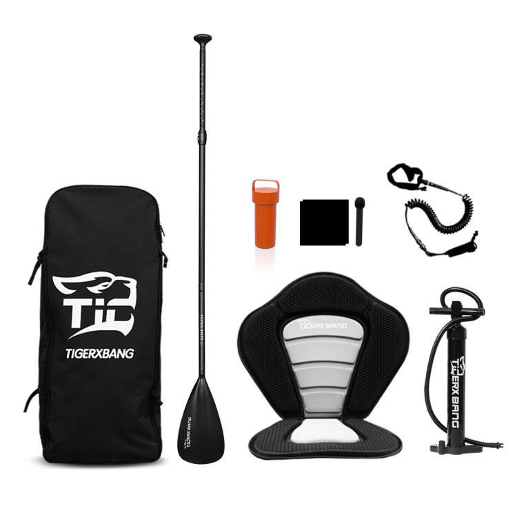 The image depicts a complete set of paddle board accessories arranged visually. A paddle is placed in the center, with a backpack and an inflatable seat positioned on either side. The background also features accessory items such as a repair kit, paddle leash, and an air pump. Through a visual presentation, the image aims to showcase the practicality of this paddle board accessories kit.