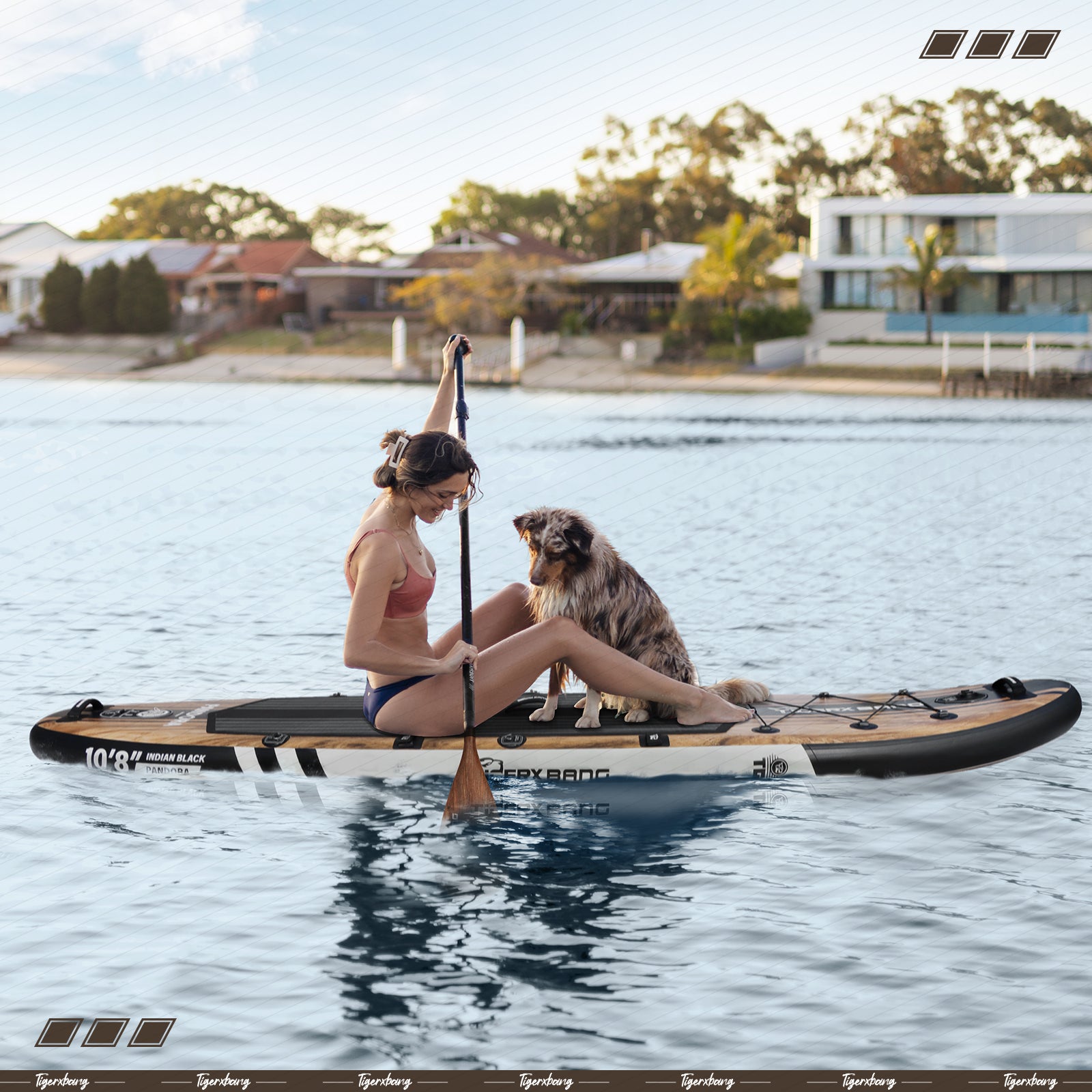 woman & dog & paddle board